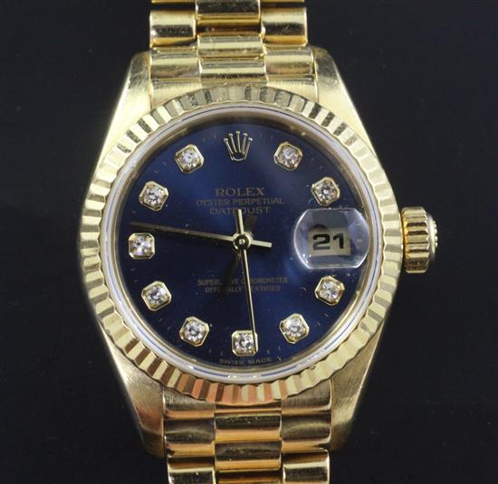 A ladys 18ct gold and diamond set Rolex Oyster Perpetual Datejust and box,